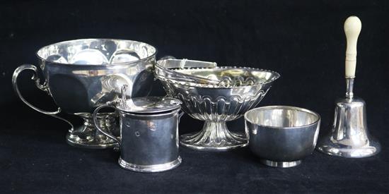 A Victorian silver bonbon basket, ivory handled table bell, two bowls and a mustard pot.